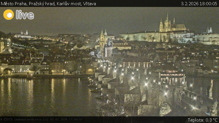 Město Praha - Pražský hrad, Karlův most, Vltava - 3.2.2026 v 18:00