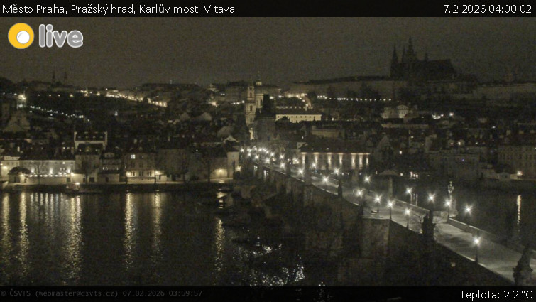 Město Praha - Pražský hrad, Karlův most, Vltava - 7.2.2026 v 04:00