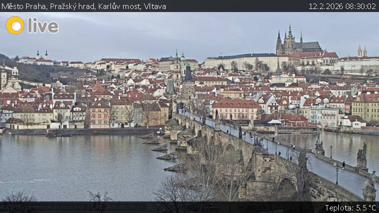 Město Praha - Pražský hrad, Karlův most, Vltava - 12.2.2026 v 08:30