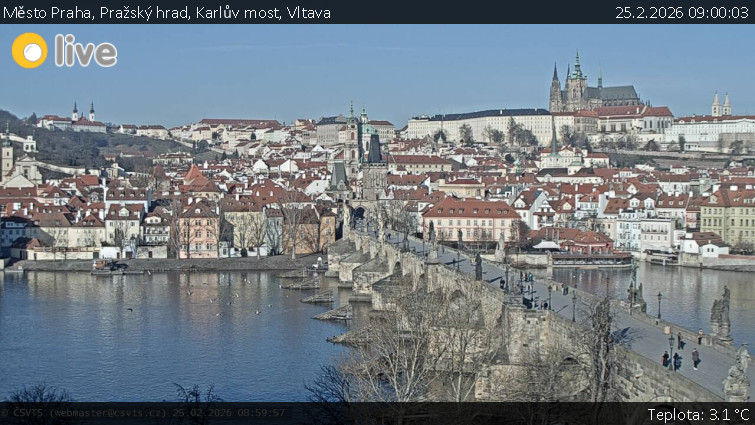 Město Praha - Pražský hrad, Karlův most, Vltava - 25.2.2026 v 09:00