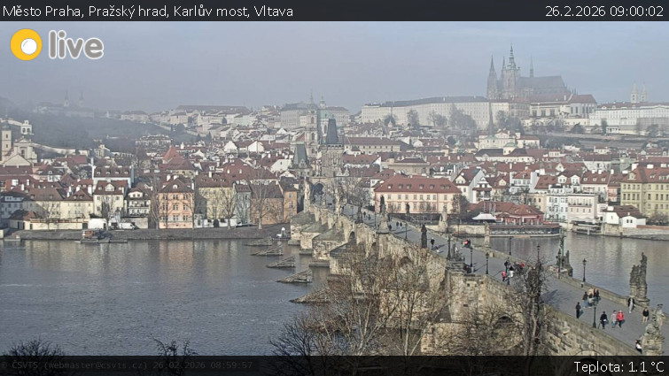 Město Praha - Pražský hrad, Karlův most, Vltava - 26.2.2026 v 09:00
