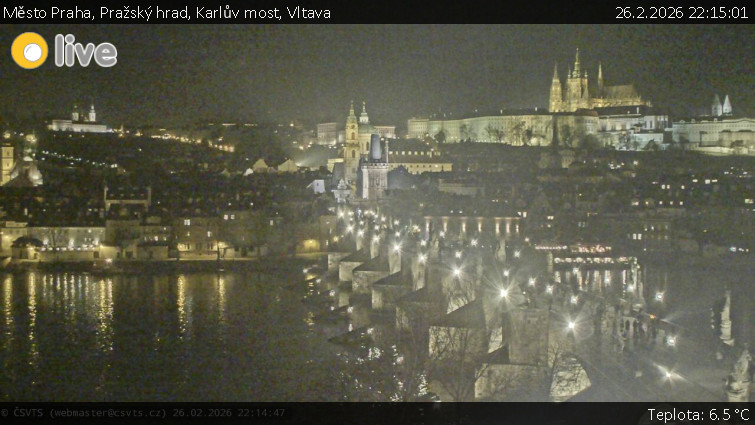 Město Praha - Pražský hrad, Karlův most, Vltava - 26.2.2026 v 22:15