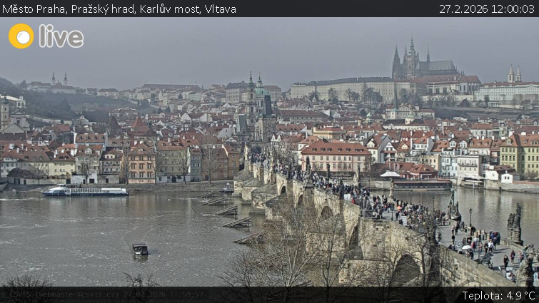 Město Praha - Pražský hrad, Karlův most, Vltava - 27.2.2026 v 12:00