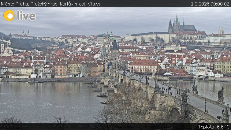 Město Praha - Pražský hrad, Karlův most, Vltava - 1.3.2026 v 09:00