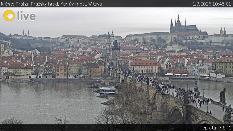 Město Praha - Pražský hrad, Karlův most, Vltava - 1.3.2026 v 10:45