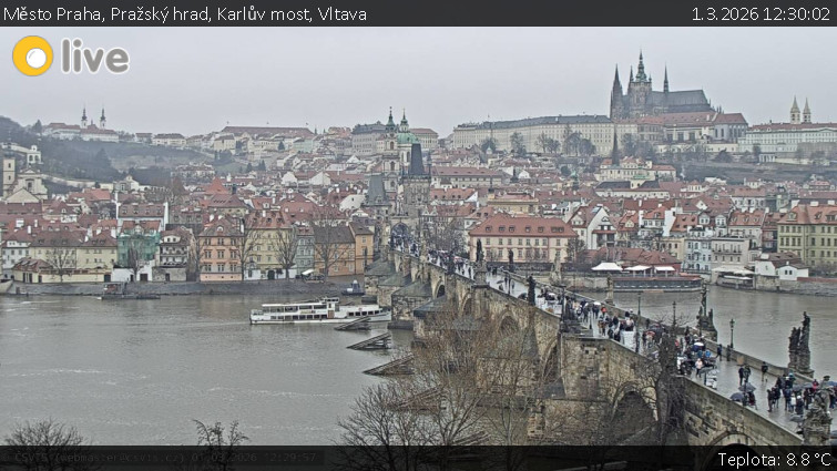 Město Praha - Pražský hrad, Karlův most, Vltava - 1.3.2026 v 12:30