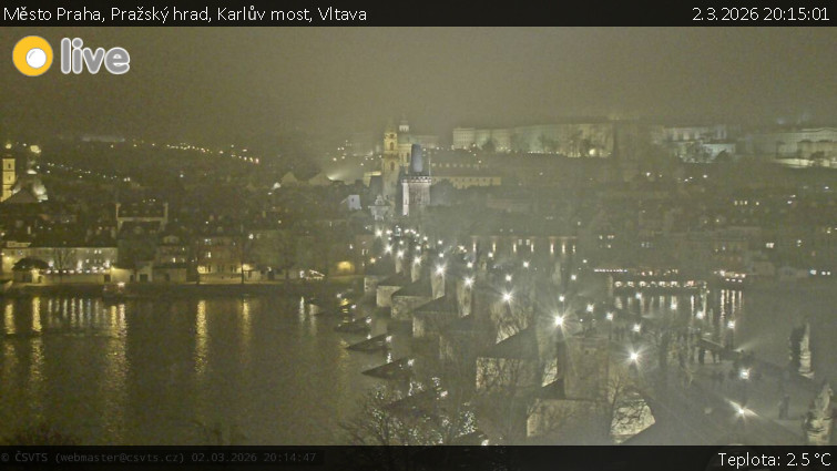 Město Praha - Pražský hrad, Karlův most, Vltava - 2.3.2026 v 20:15