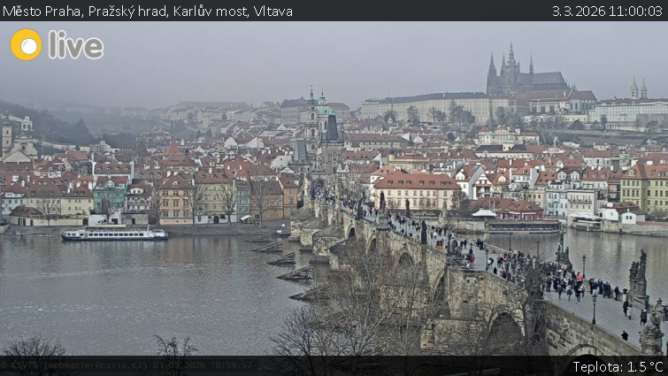 Město Praha - Pražský hrad, Karlův most, Vltava - 3.3.2026 v 11:00