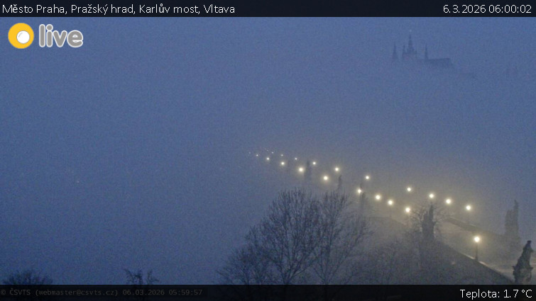 Město Praha - Pražský hrad, Karlův most, Vltava - 6.3.2026 v 06:00