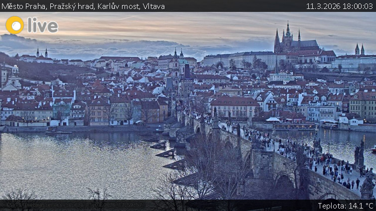 Město Praha - Pražský hrad, Karlův most, Vltava - 11.3.2026 v 18:00