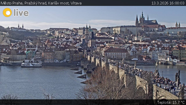 Město Praha - Pražský hrad, Karlův most, Vltava - 13.3.2026 v 16:00