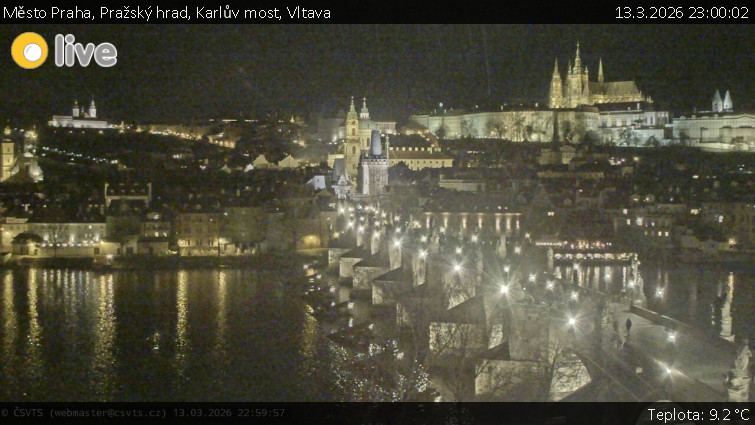 Město Praha - Pražský hrad, Karlův most, Vltava - 13.3.2026 v 23:00