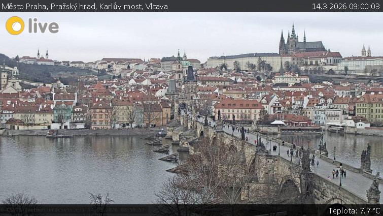 Město Praha - Pražský hrad, Karlův most, Vltava - 14.3.2026 v 09:00