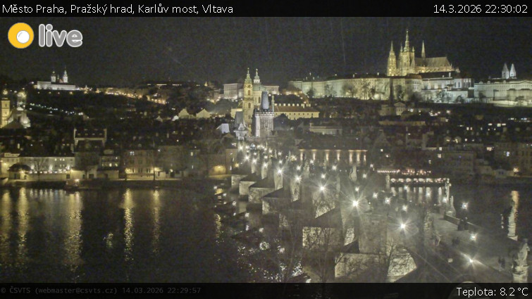 Město Praha - Pražský hrad, Karlův most, Vltava - 14.3.2026 v 22:30