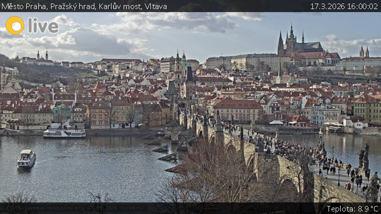 Město Praha - Pražský hrad, Karlův most, Vltava - 17.3.2026 v 16:00