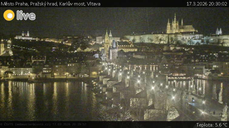 Město Praha - Pražský hrad, Karlův most, Vltava - 17.3.2026 v 20:30