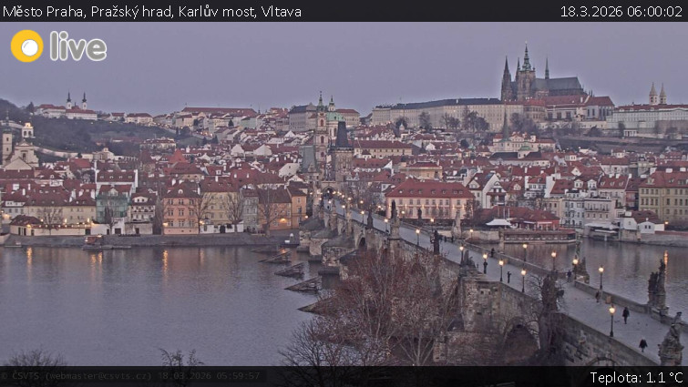 Město Praha - Pražský hrad, Karlův most, Vltava - 18.3.2026 v 06:00