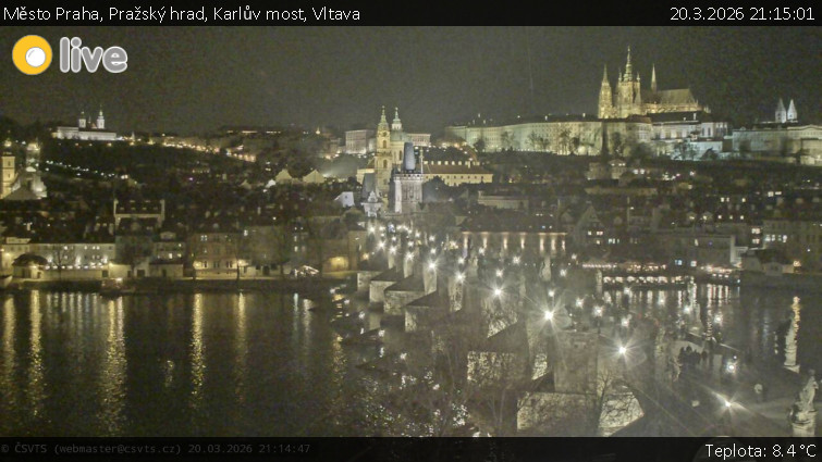 Město Praha - Pražský hrad, Karlův most, Vltava - 20.3.2026 v 21:15