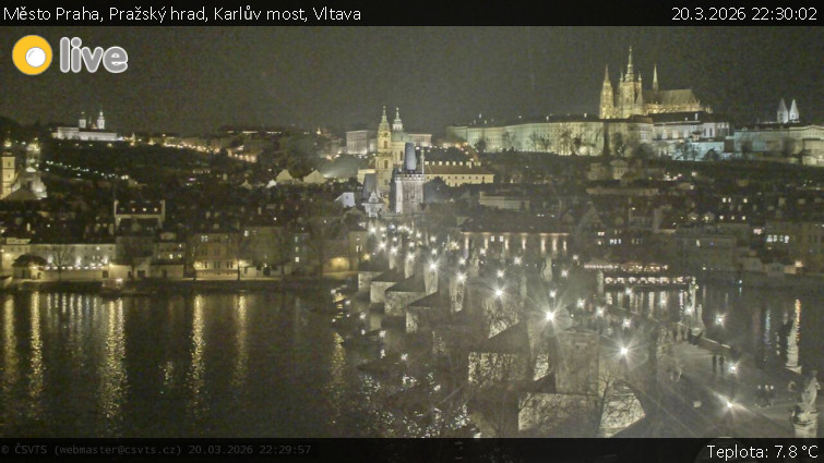 Město Praha - Pražský hrad, Karlův most, Vltava - 20.3.2026 v 22:30