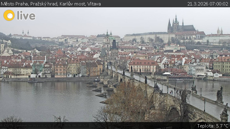 Město Praha - Pražský hrad, Karlův most, Vltava - 21.3.2026 v 07:00
