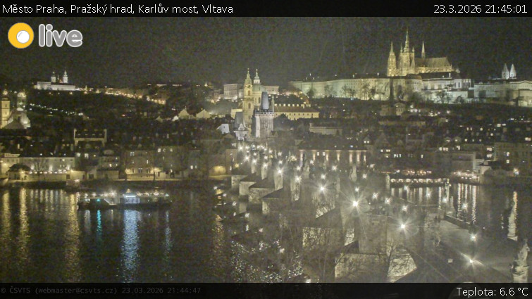 Město Praha - Pražský hrad, Karlův most, Vltava - 23.3.2026 v 21:45