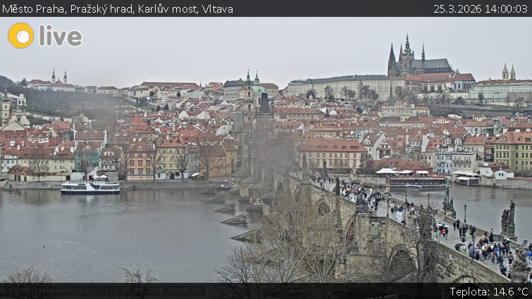Město Praha - Pražský hrad, Karlův most, Vltava - 25.3.2026 v 14:00