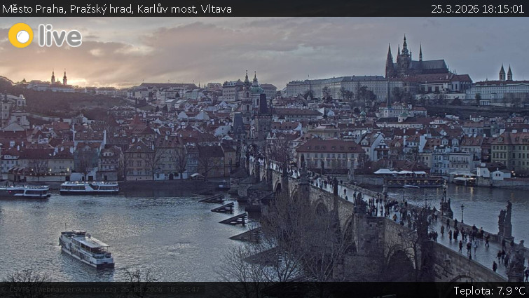 Město Praha - Pražský hrad, Karlův most, Vltava - 25.3.2026 v 18:15
