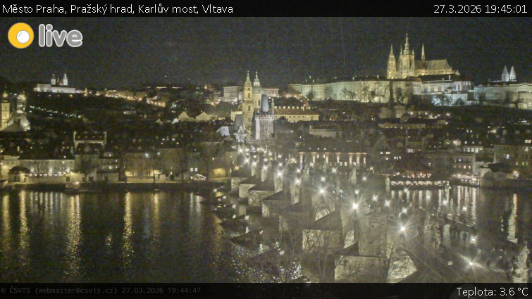 Město Praha - Pražský hrad, Karlův most, Vltava - 27.3.2026 v 19:45
