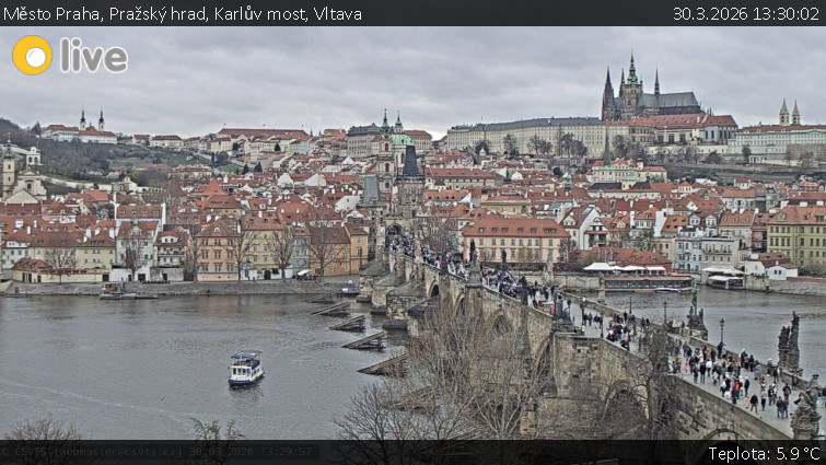 Město Praha - Pražský hrad, Karlův most, Vltava - 30.3.2026 v 13:30