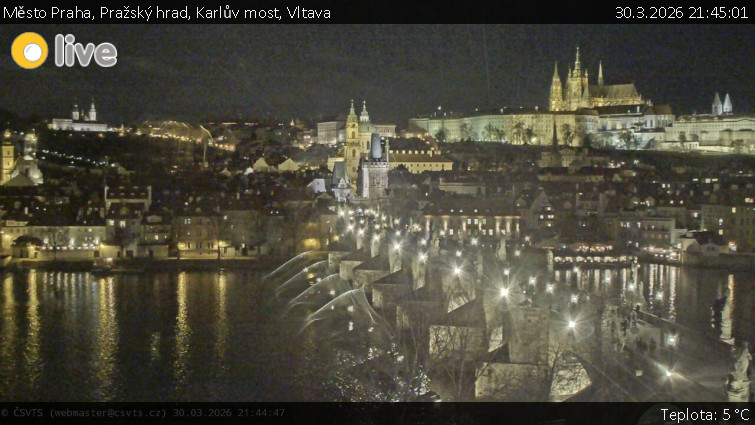 Město Praha - Pražský hrad, Karlův most, Vltava - 30.3.2026 v 21:45