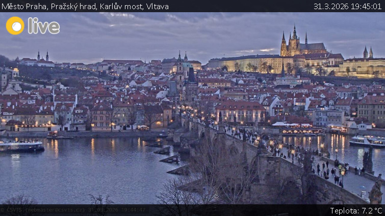 Město Praha - Pražský hrad, Karlův most, Vltava - 31.3.2026 v 19:45