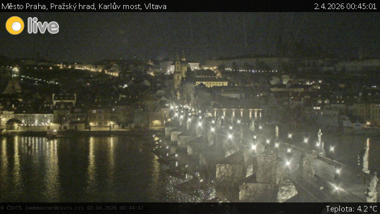 Město Praha - Pražský hrad, Karlův most, Vltava - 2.4.2026 v 00:45