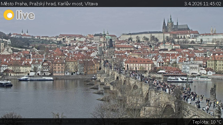 Město Praha - Pražský hrad, Karlův most, Vltava - 3.4.2026 v 11:45