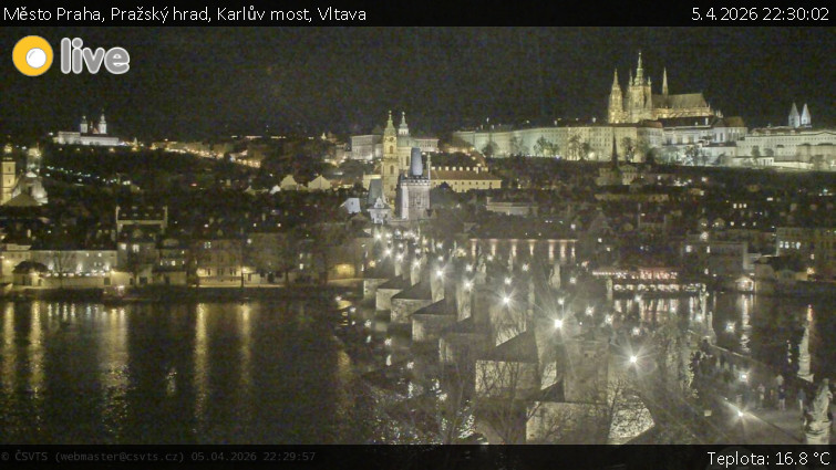 Město Praha - Pražský hrad, Karlův most, Vltava - 5.4.2026 v 22:30