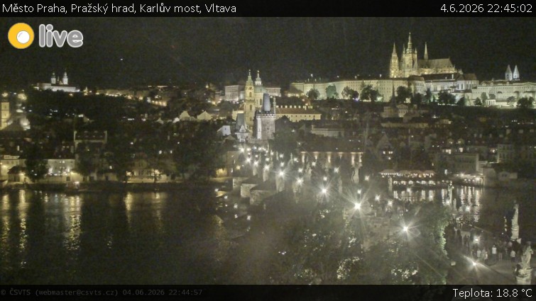 Město Praha - Pražský hrad, Karlův most, Vltava - 4.6.2026 v 22:45
