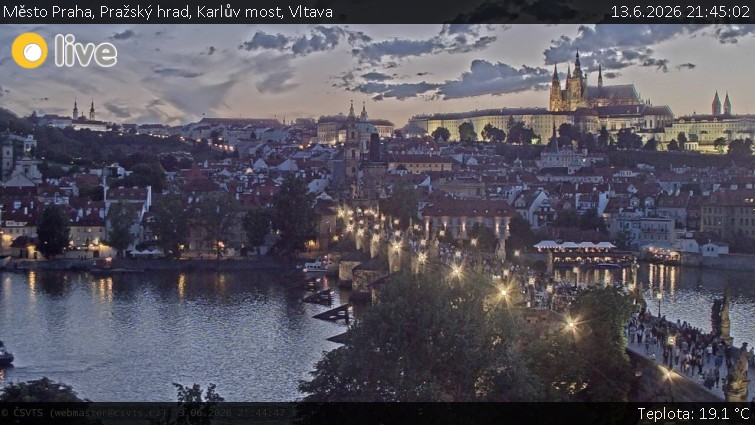 Město Praha - Pražský hrad, Karlův most, Vltava - 13.6.2026 v 21:45