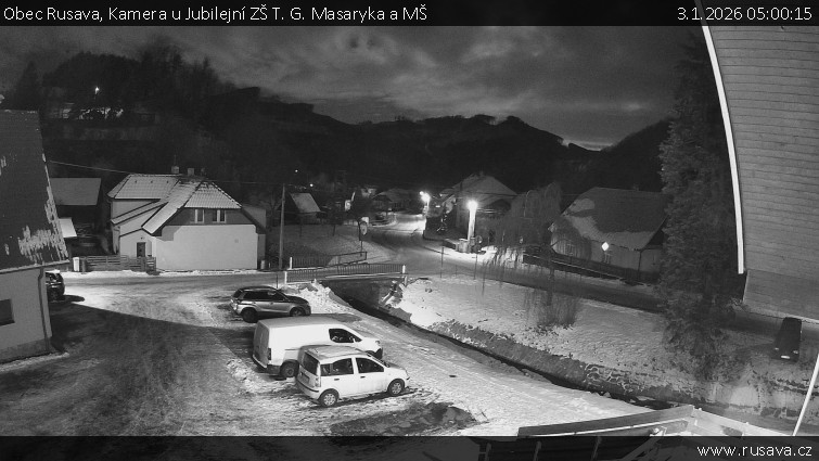 Obec Rusava - Kamera u Jubilejní ZŠ T. G. Masaryka a MŠ - 3.1.2026 v 05:00