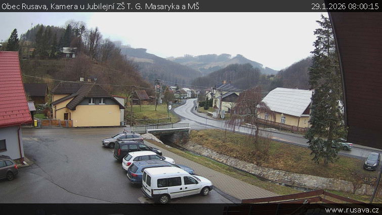 Obec Rusava - Kamera u Jubilejní ZŠ T. G. Masaryka a MŠ - 29.1.2026 v 08:00