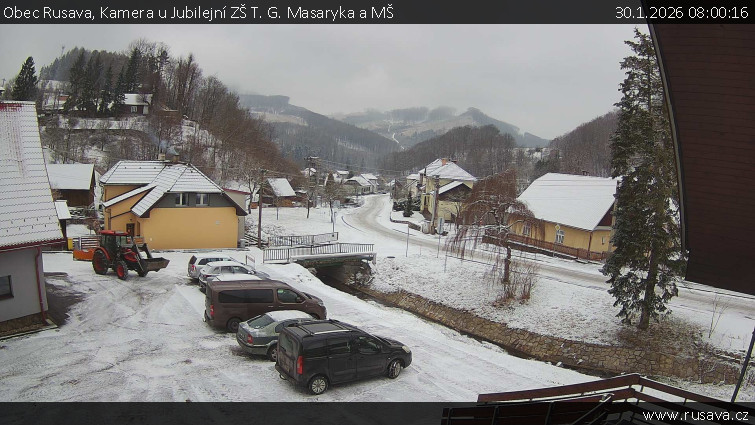 Obec Rusava - Kamera u Jubilejní ZŠ T. G. Masaryka a MŠ - 30.1.2026 v 08:00