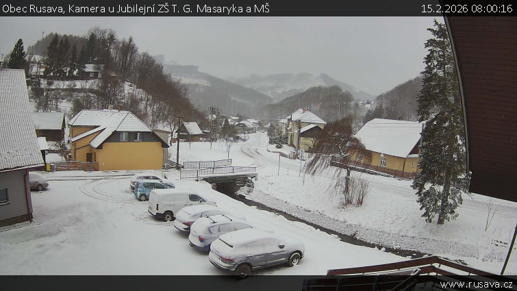 Obec Rusava - Kamera u Jubilejní ZŠ T. G. Masaryka a MŠ - 15.2.2026 v 08:00