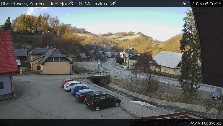Obec Rusava - Kamera u Jubilejní ZŠ T. G. Masaryka a MŠ - 26.2.2026 v 08:00