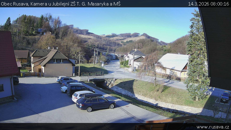 Obec Rusava - Kamera u Jubilejní ZŠ T. G. Masaryka a MŠ - 14.3.2026 v 08:00