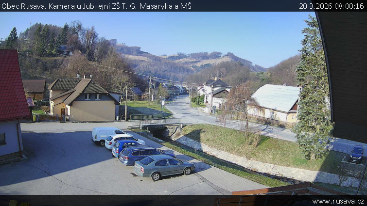 Obec Rusava - Kamera u Jubilejní ZŠ T. G. Masaryka a MŠ - 20.3.2026 v 08:00