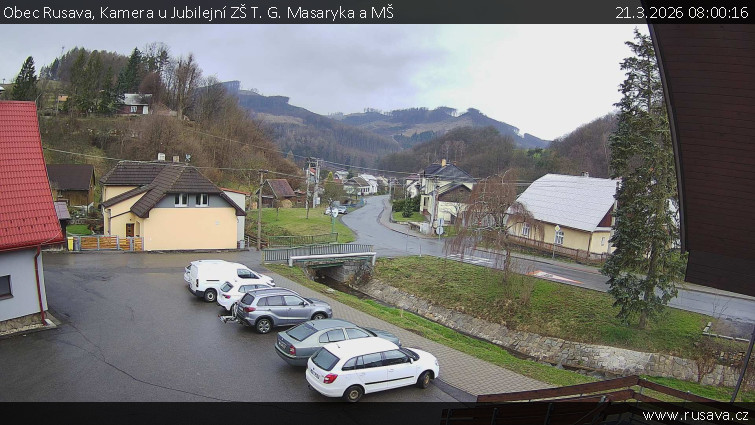Obec Rusava - Kamera u Jubilejní ZŠ T. G. Masaryka a MŠ - 21.3.2026 v 08:00