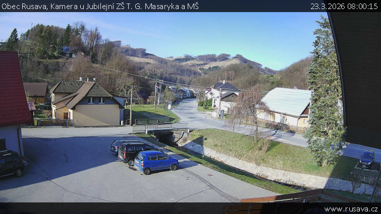 Obec Rusava - Kamera u Jubilejní ZŠ T. G. Masaryka a MŠ - 23.3.2026 v 08:00