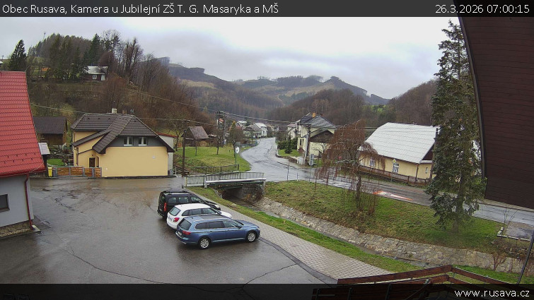Obec Rusava - Kamera u Jubilejní ZŠ T. G. Masaryka a MŠ - 26.3.2026 v 07:00
