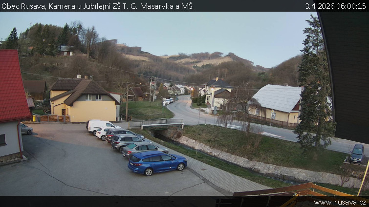 Obec Rusava - Kamera u Jubilejní ZŠ T. G. Masaryka a MŠ - 3.4.2026 v 06:00