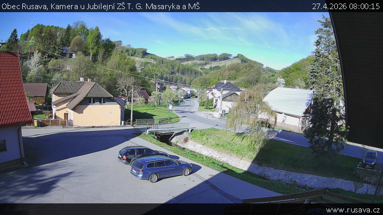 Obec Rusava - Kamera u Jubilejní ZŠ T. G. Masaryka a MŠ - 27.4.2026 v 08:00