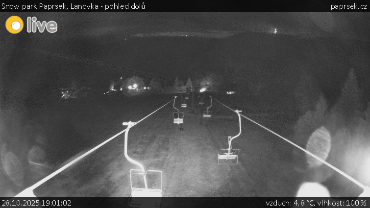 Snow park Paprsek - Lanovka - pohled dolů - 28.10.2025 v 19:01 Snow park Paprsek - Lanovka - pohled dolů - 28.10.2025 v 19:01