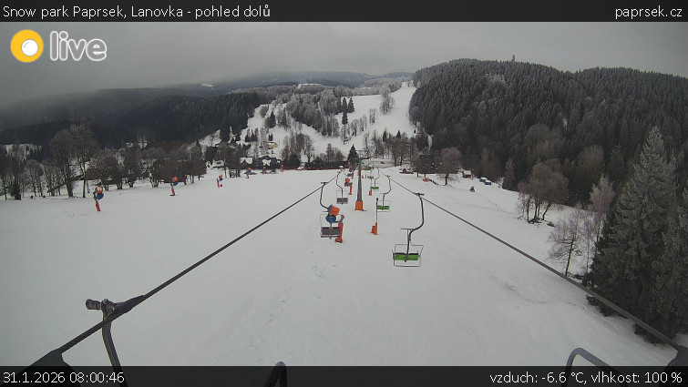 Snow park Paprsek - Lanovka - pohled dolů - 31.1.2026 v 08:00